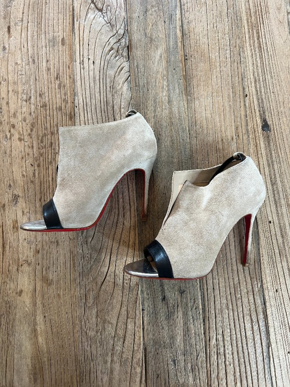 Christian Louboutin Beige Suede Peep Toe Booties Ankle Wrap Stiletto 35